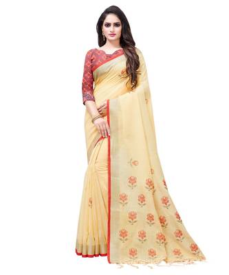 Cream printed linen saree with blouse 1