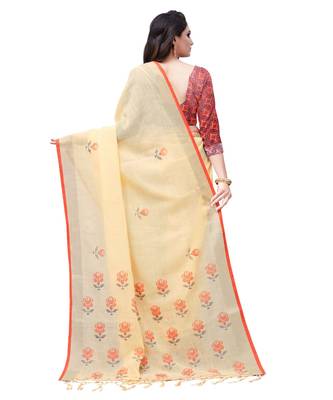 Cream printed linen saree with blouse 2