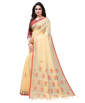 Cream printed linen saree with blouse 3