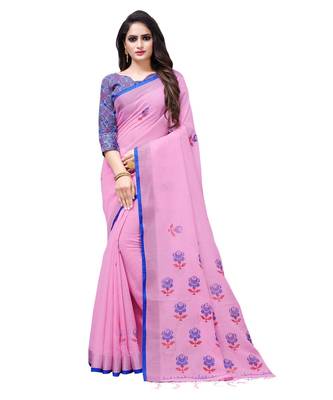 Pink printed linen saree with blouse 1
