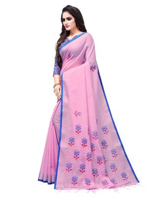 Pink printed linen saree with blouse 3