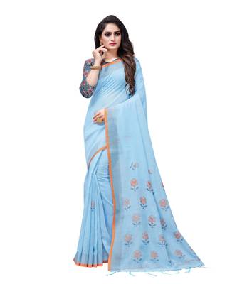 turquoise printed linen saree with blouse 1