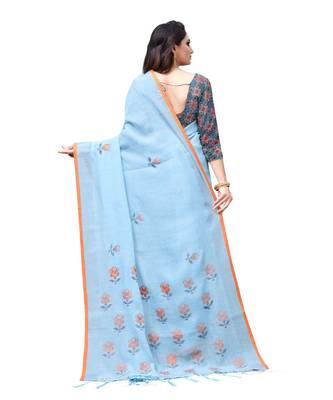 turquoise printed linen saree with blouse 2