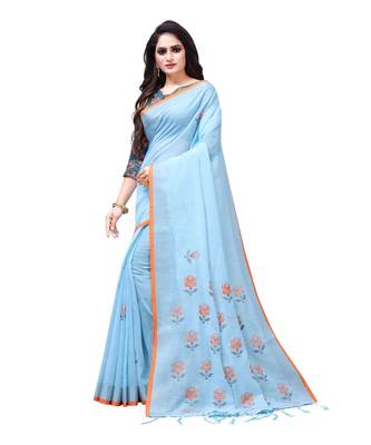 turquoise printed linen saree with blouse 3
