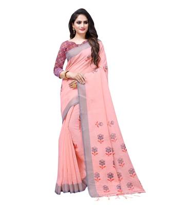 Peach printed linen saree with blouse 1
