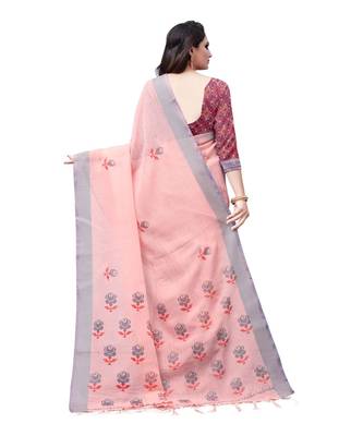 Peach printed linen saree with blouse 2