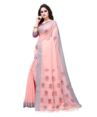Peach printed linen saree with blouse 3