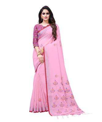 Pink printed linen saree with blouse 1