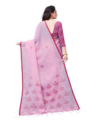 Pink printed linen saree with blouse 2