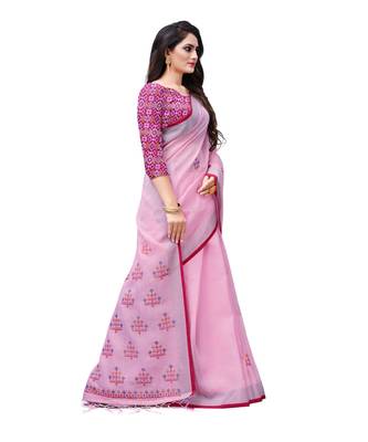 Pink printed linen saree with blouse 3