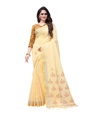 Yellow printed linen saree with blouse 1