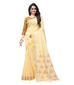 Yellow printed linen saree with blouse