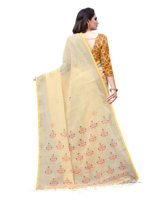 Yellow printed linen saree with blouse 2