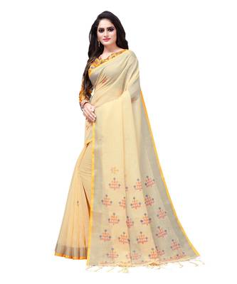 Yellow printed linen saree with blouse 3