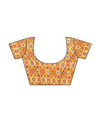 Yellow printed linen saree with blouse 4