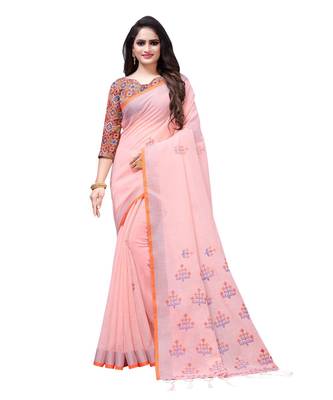 Peach printed linen saree with blouse 1