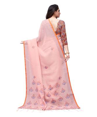 Peach printed linen saree with blouse 2