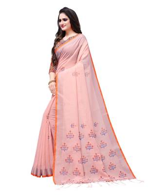 Peach printed linen saree with blouse 3