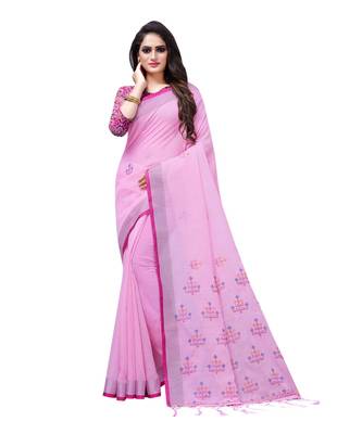 Pink printed linen saree with blouse 1
