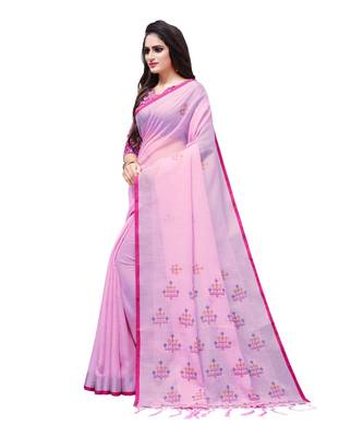 Pink printed linen saree with blouse 3