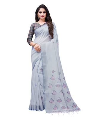 Grey printed linen saree with blouse 1