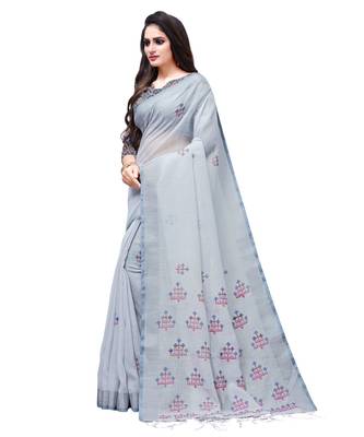 Grey printed linen saree with blouse 3