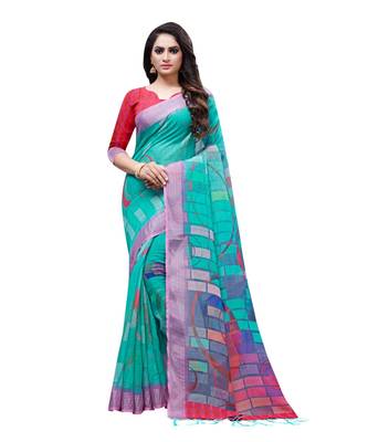 Green printed linen saree with blouse 1