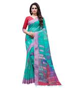 Green printed linen saree with blouse