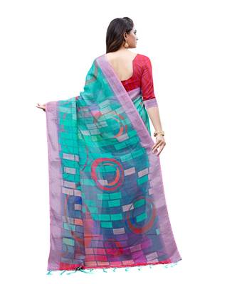 Green printed linen saree with blouse 2