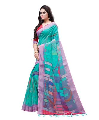 Green printed linen saree with blouse 3