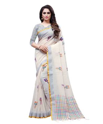Cream printed linen saree with blouse 1