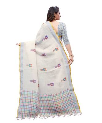 Cream printed linen saree with blouse 2