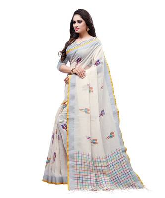 Cream printed linen saree with blouse 3