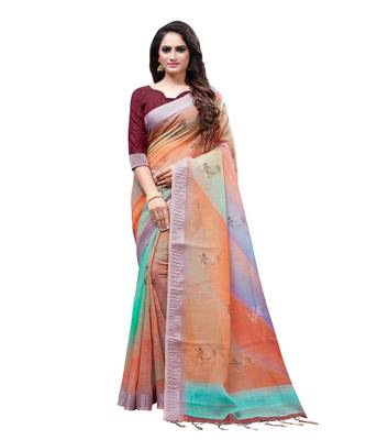 Orange printed linen saree with blouse 1