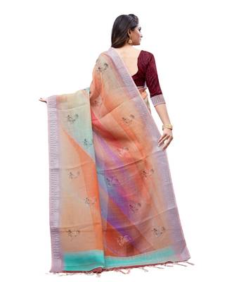 Orange printed linen saree with blouse 2