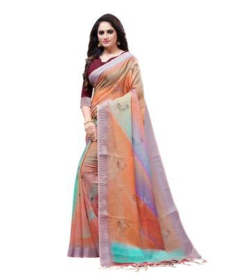 Orange printed linen saree with blouse 3