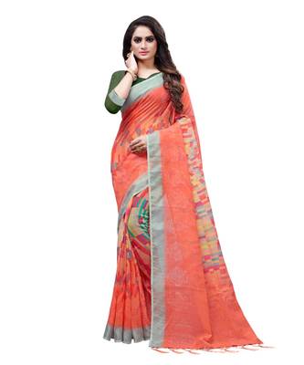 Orange printed linen saree with blouse 1