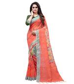 Orange printed linen saree with blouse