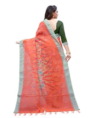 Orange printed linen saree with blouse 2