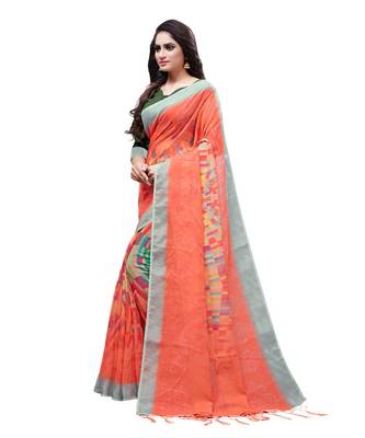Orange printed linen saree with blouse 3