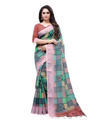 multicolor printed linen saree with blouse 1