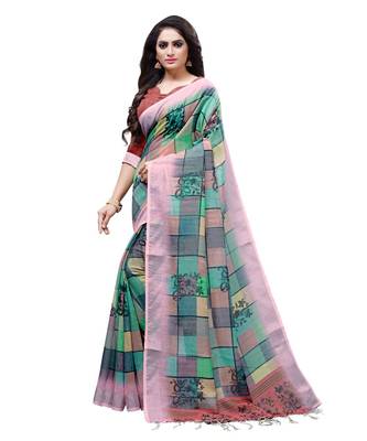 multicolor printed linen saree with blouse 3