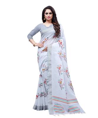 Grey printed linen saree with blouse 1