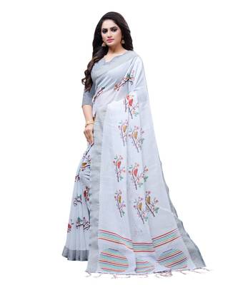 Grey printed linen saree with blouse 3