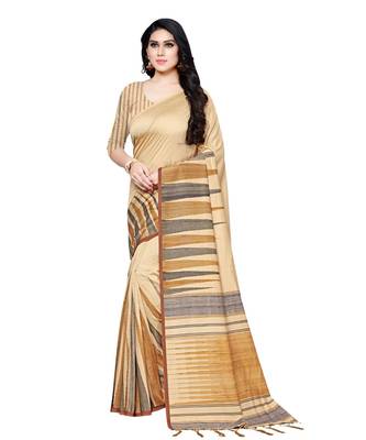 Beige printed Silk blend saree with blouse 1