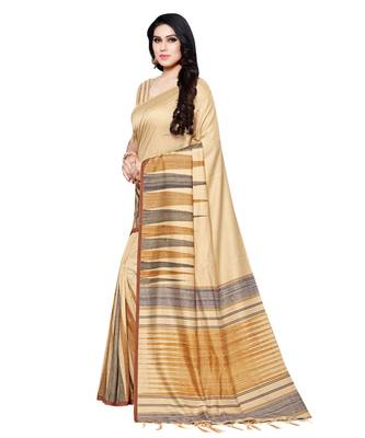 Beige printed Silk blend saree with blouse 3