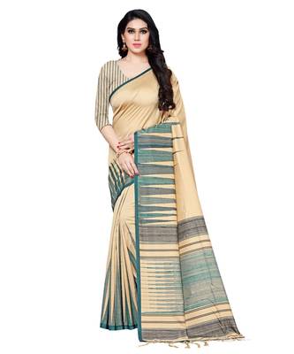 Beige printed Silk blend saree with blouse 1