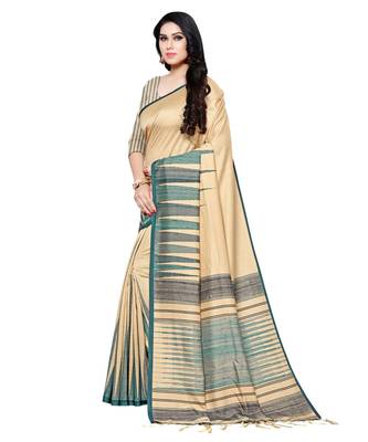 Beige printed Silk blend saree with blouse 3