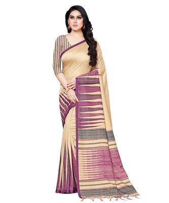 Beige printed Silk blend saree with blouse 1