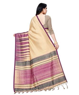 Beige printed Silk blend saree with blouse 2